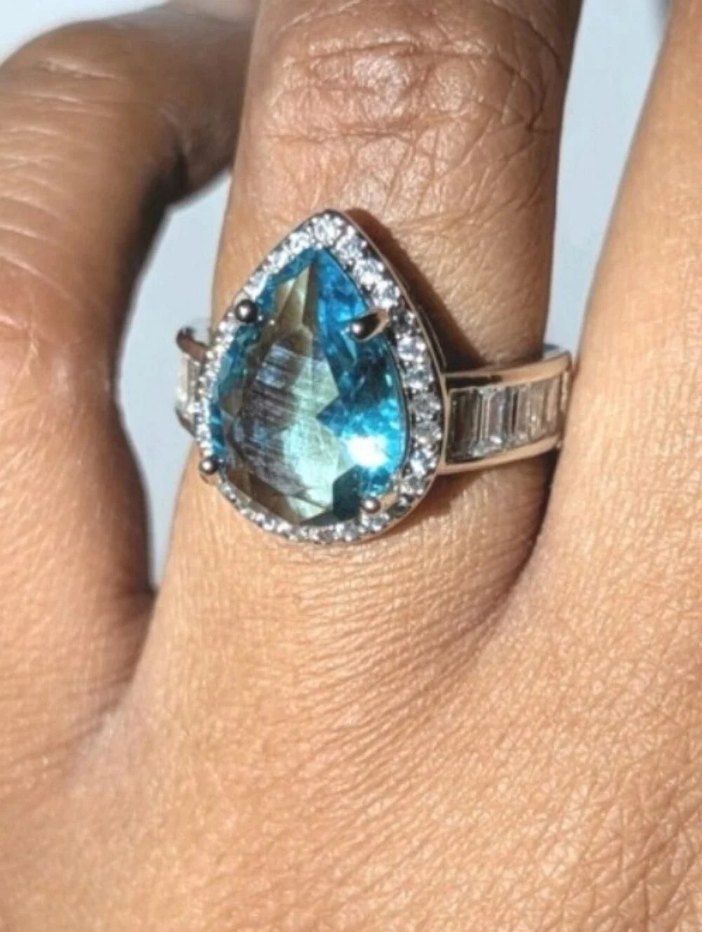 Shimmering 5ct Pear Cut Lab Created Blue Topaz Ring 14k White Gold Plated Sz 6